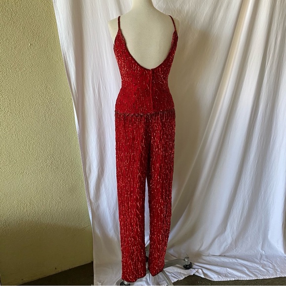 Vintage Sequin Two Piece Silk Pant Set Red - Picture 8 of 10